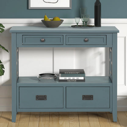 Farmhouse Pine Console Table - 36" Entry Table with 4 Drawers & Storage Shelf in Blue - Shello's Creative Boutique