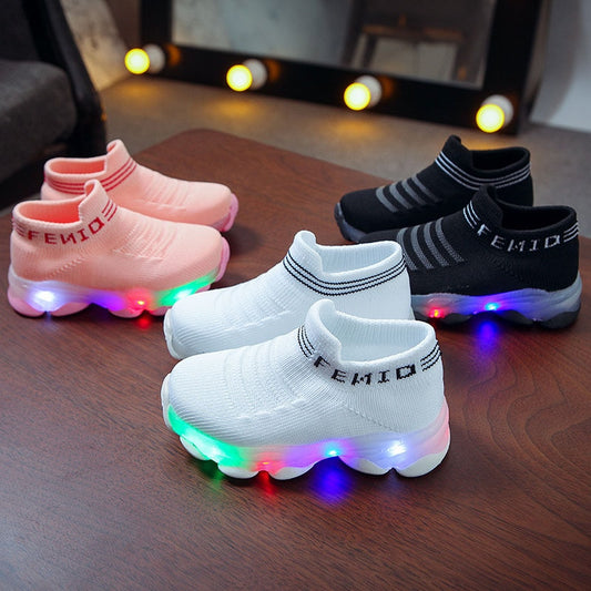 Kids Sneakers Children Baby Girls Boys Letter Mesh Led Luminous Socks Sport Run Sneakers Shoes Sapato Infantil Light Up Shoes eprolo