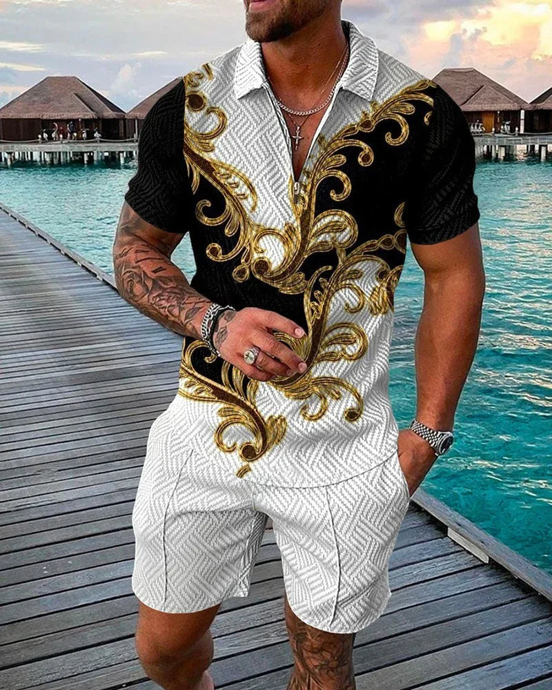 New Men's Fashion Casual Suit 3D Print Zip Short Sleeve Polo Shirt Shorts 2 Piece Set - Shello's Creative Boutique