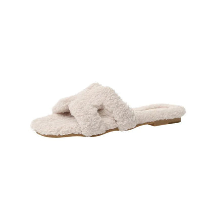 Wearing 7 colours lamb fur slippers for external wear women's H-shaped suede one line drag