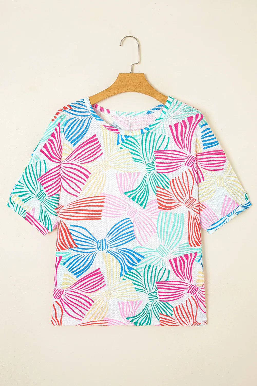 Pink Bowknot Print Waffle Loose Tee - Shello's Creative Boutique