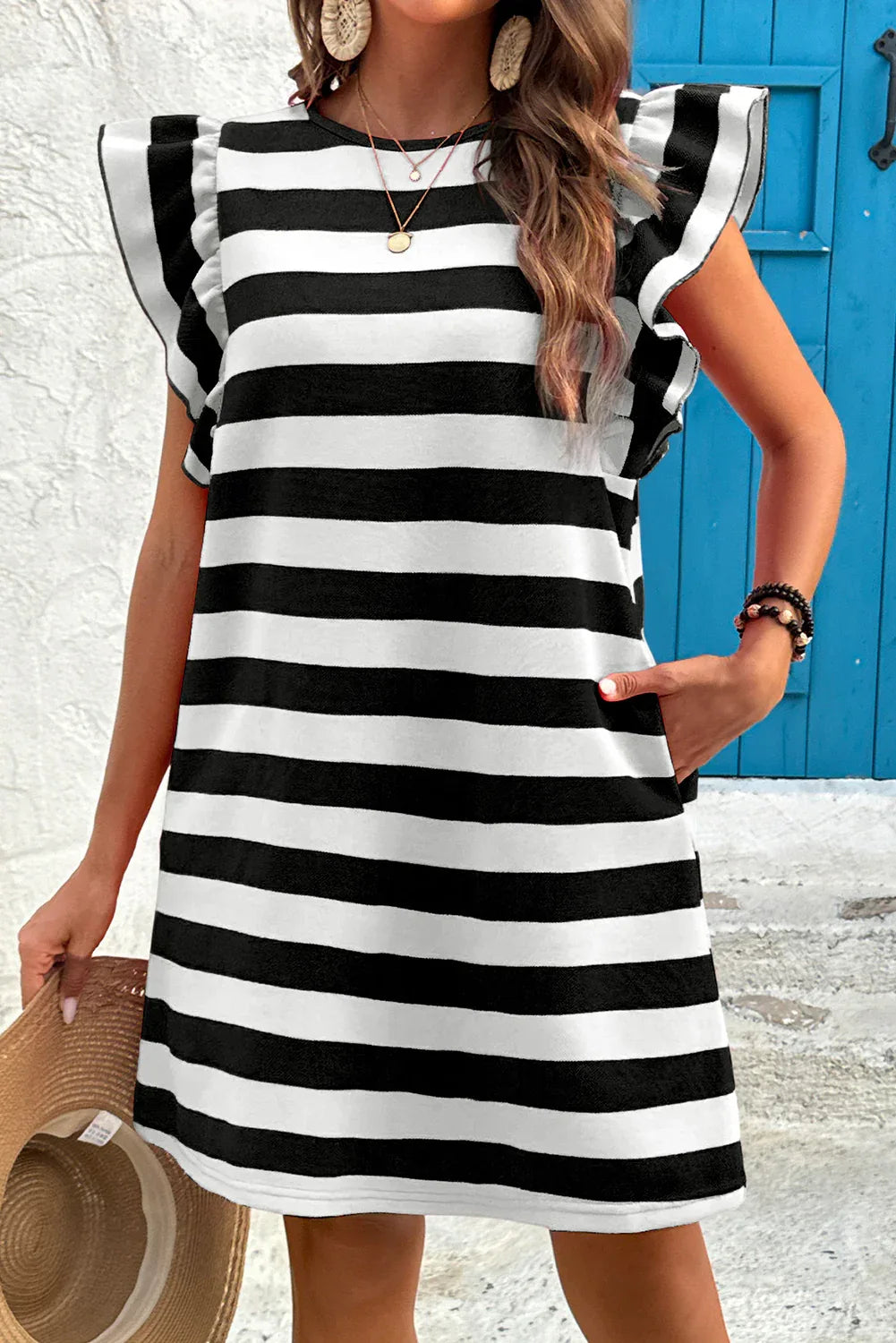 Green Stripe Flutter Sleeve Round Neck Shift Mini Dress - Shello's Creative Boutique