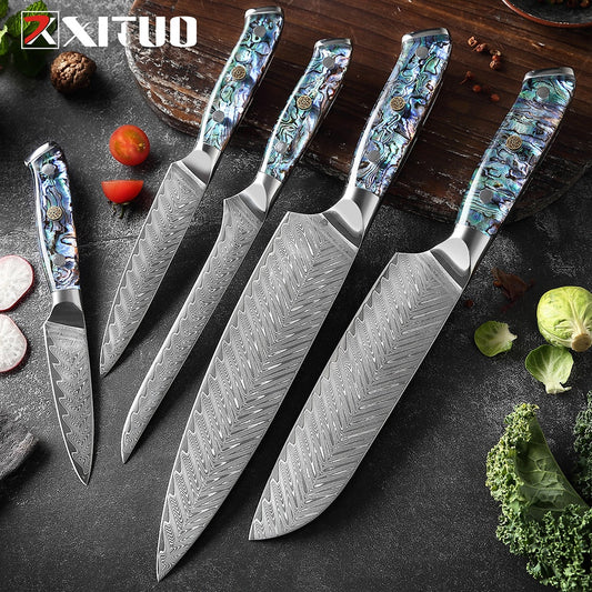 XITUO Damascus Steel knife Set Kitchen Cooking Tools Chef Knife Japanese Santoku Knives Boning knife Exquisite Shell Handle eprolo
