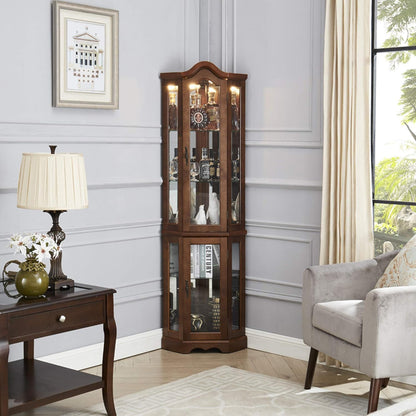 Corner Curio cabinet, adjustable tempered glass frame, rearview mirror, display cabinet, walnut wood (excluding E26 bulbs) eprolo