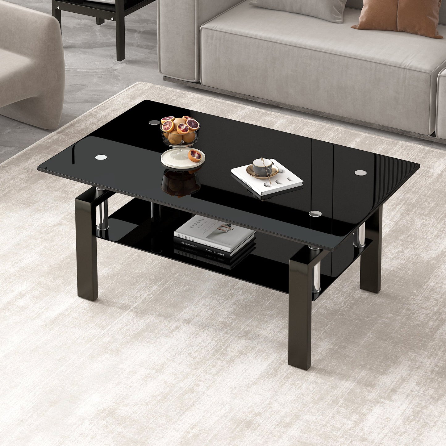 Black Tempered Glass Coffee Table, 2 Layer Storage Tea Table eprolo