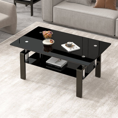 Black Tempered Glass Coffee Table, 2 Layer Storage Tea Table eprolo