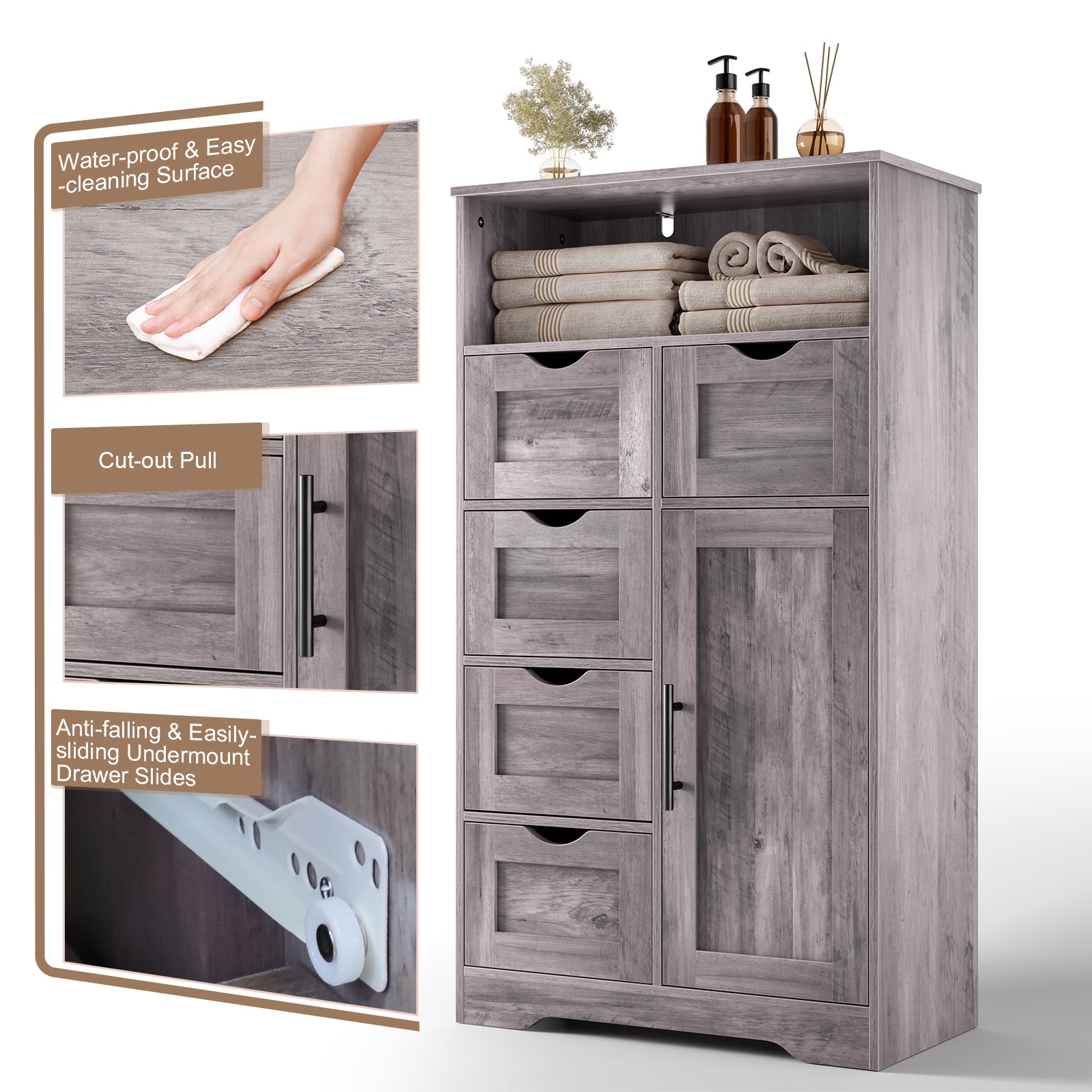 5 Drawers Storage Cabinet with Adjustable Shelves, Bathroom Cabinet with Doors, Floor Cabinet for Living Room Grey eprolo