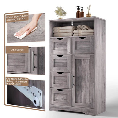 5 Drawers Storage Cabinet with Adjustable Shelves, Bathroom Cabinet with Doors, Floor Cabinet for Living Room Grey - Shello's Creative Boutique