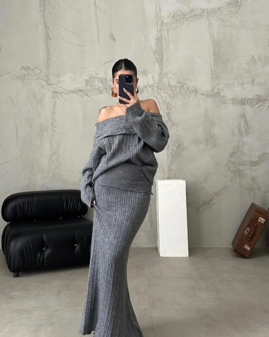 Winter Knitted Two Piece Set- Elegant Off Shoulder Sweater Skirt Suit - Shello's Creative Boutique