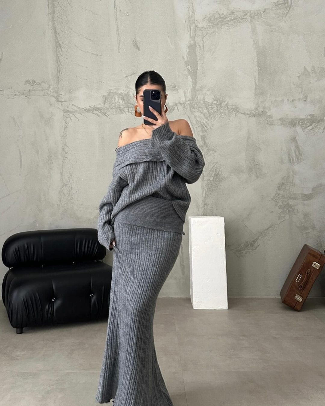 Winter Knitted Two Piece Set for Women Elegant Off Shoulder Sweater Pullover Top Slim Skirt Suit Fashion Office Ladies Outfits eprolo