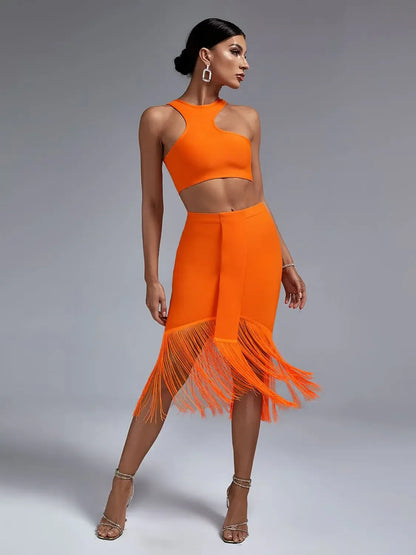 Bandage Two Piece Set Top and Skirt Women Elegant Sexy Fringed Orange 2 Piece Set Birthday Evening Party Club Outfits Summer - Shello's Creative Boutique
