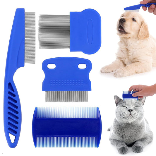 4-Piece Stainless Steel Flea Comb Set - Professional Dense Tooth Pet Grooming