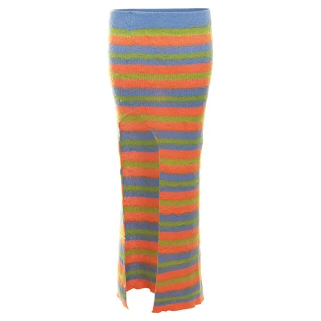 Autumn Knitted Striped Two Piece Sets Women Y2K Long Sleeve Jacket Coat High Slit Long Skirts Suite Evening Party Dress Sets eprolo