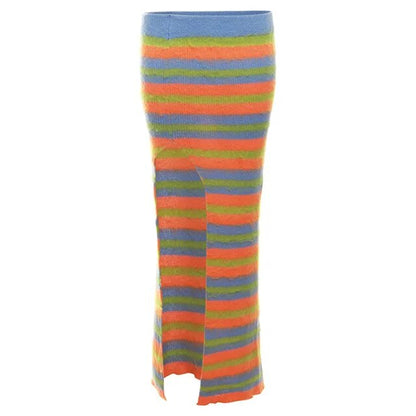 Autumn Knitted Striped Two Piece Sets Women Y2K Long Sleeve Jacket Coat High Slit Long Skirts Suite Evening Party Dress Sets eprolo