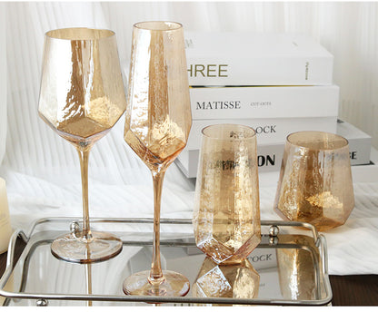 Hammered Diamond Amber Crystal Glass – Lead-Free Wine, Champagne & Whisky Goblet