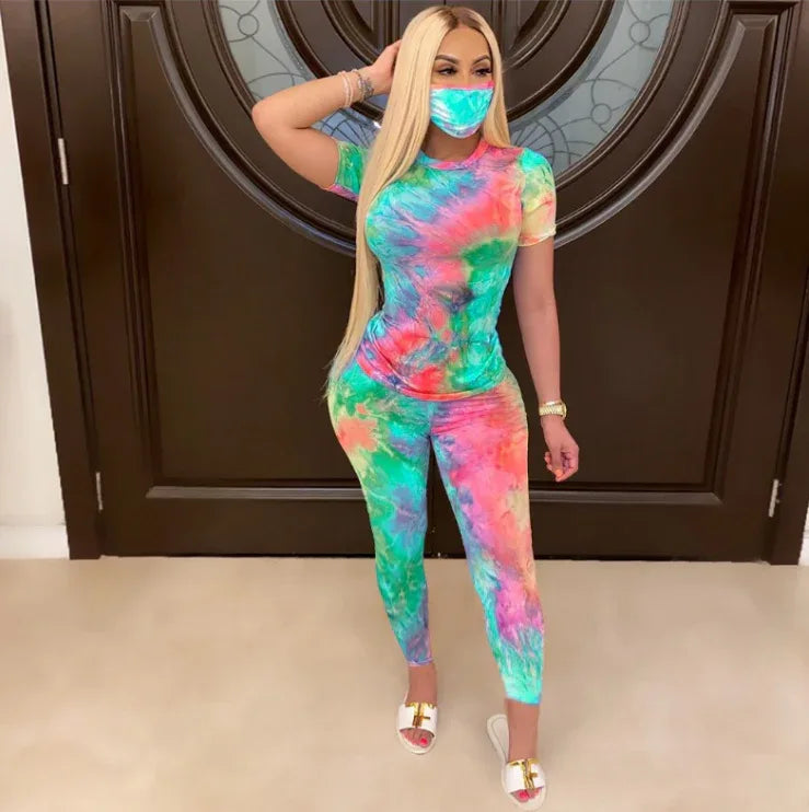 Tie-Dye Two Piece Set Women Summer Clothes Casual Sportswear 2 Piece Outfit for Women Sweat Suit Short Sleeve Top and Shorts Set include Mask - Shello's Creative Boutique