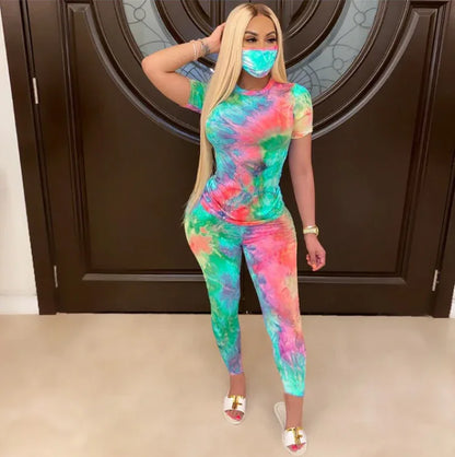 Tie-Dye Two Piece Set Women Summer Clothes Casual Sportswear 2 Piece Outfit for Women Sweat Suit Short Sleeve Top and Shorts Set include Mask - Shello's Creative Boutique