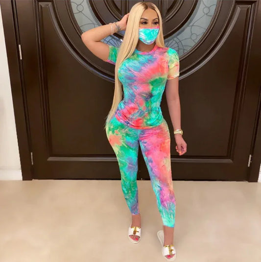 Tie-Dye Two Piece Set Women Summer Clothes Casual Sportswear 2 Piece Outfit for Women Sweat Suit Short Sleeve Top and Shorts Set include Mask - Shello's Creative Boutique