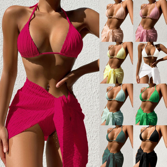 Swimsuit backless sexy solid color bikini mesh short skirt bikini three piece set eprolo