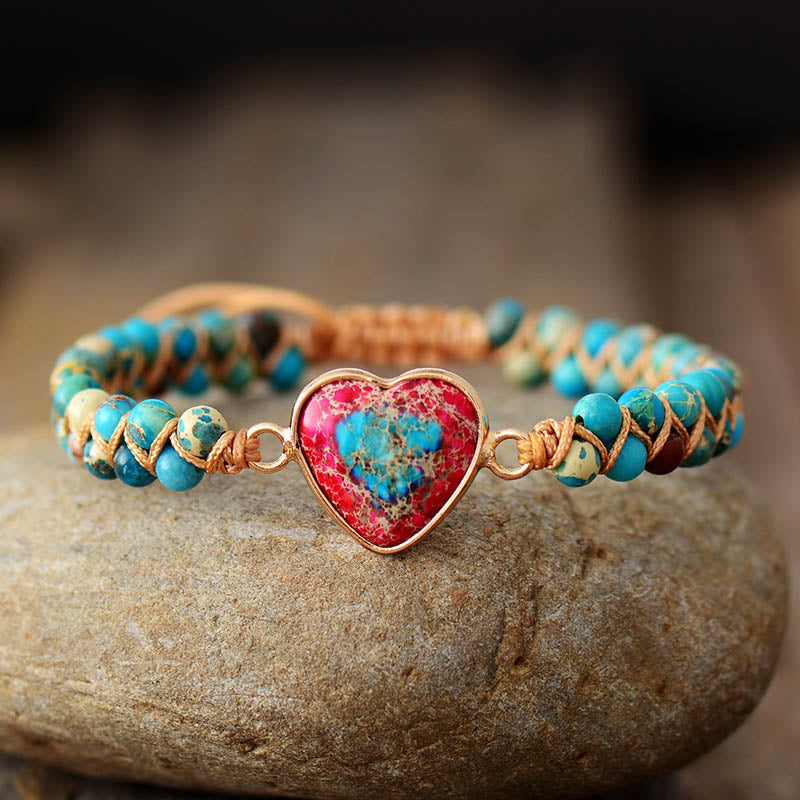 Natural Stone Heart Charm Bracelets String Braided Macrame Bracelets Jaspers Friendship Wrap Bracelet Femme Women Jewelry eprolo
