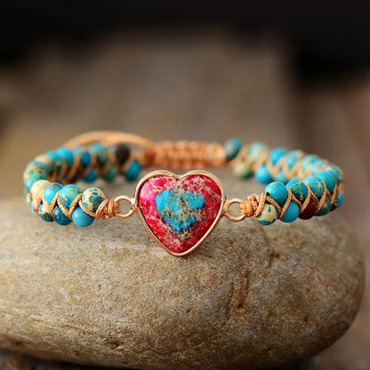 Natural Stone Heart Charm Bracelets String Braided Macrame Bracelets Jaspers Friendship Wrap Bracelet Femme Women Jewelry - Shello's Creative Boutique