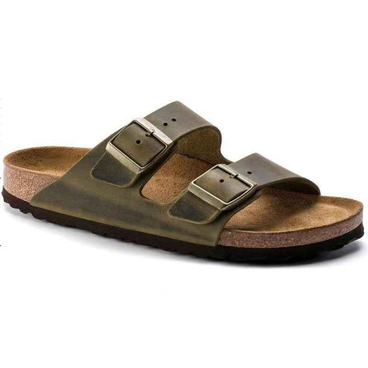 Unisex Wooden Sole Slippers with Frosted Leather Double Breasted Buttons