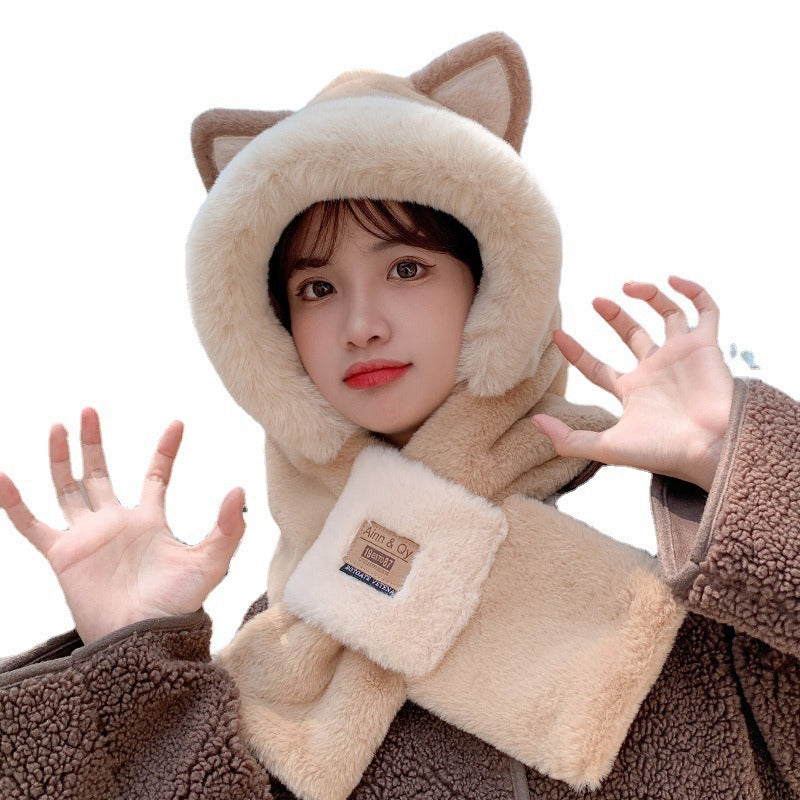 Adorable Bear Lei Feng Hat & Scarf Set - Rabbit Hair Winter One-Piece for Women