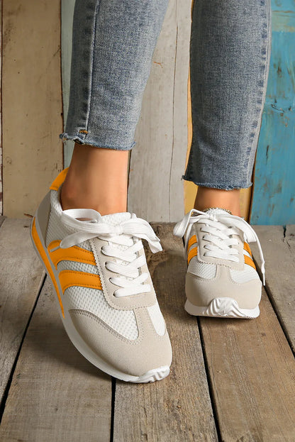 White Patchwork Breathable Lace-Up Sneakers – Style Meets Comfort in Every Step - Shello's Creative Boutique