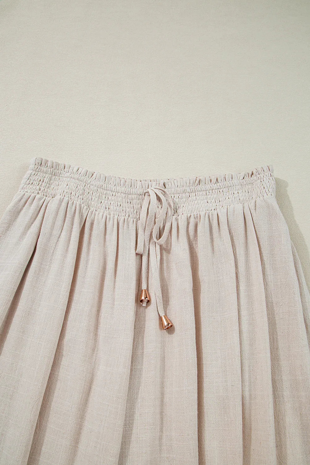 Beige Frill Smocked Waist Wide Leg Plus Size Pants - Shello's Creative Boutique