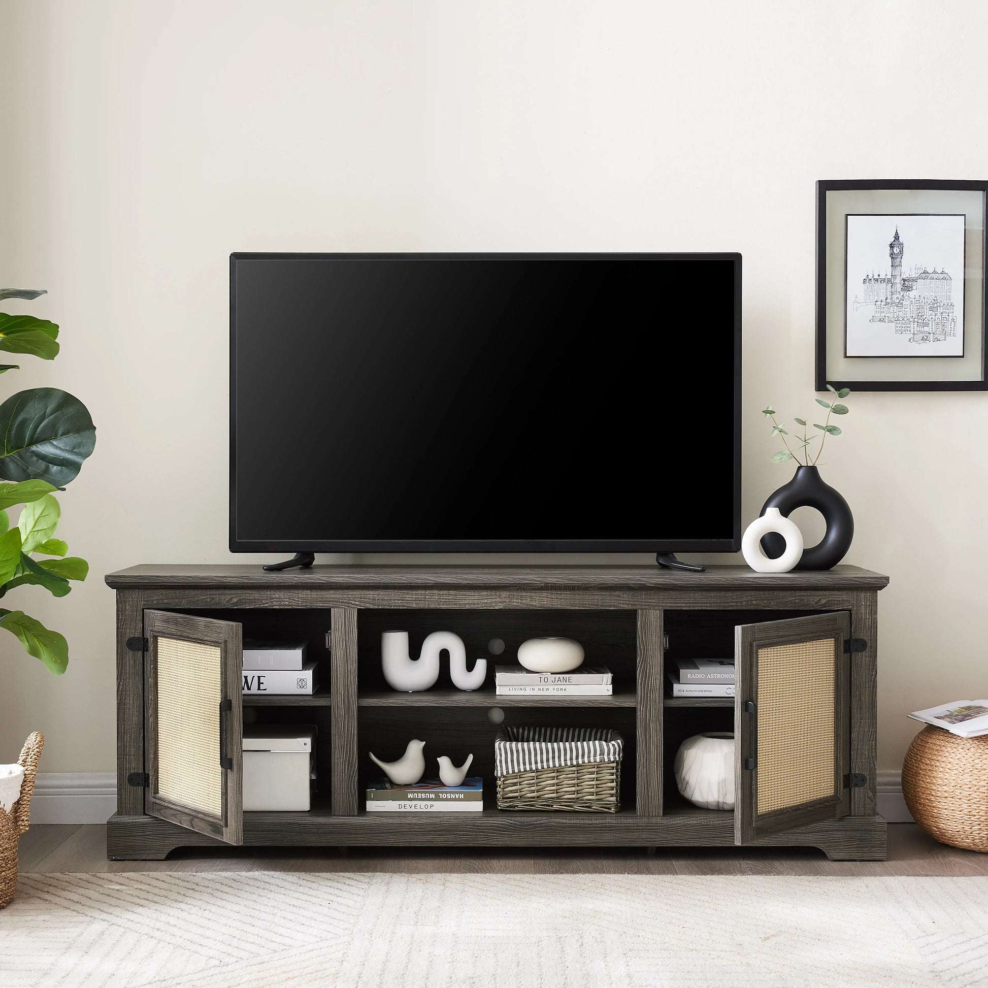 Vine TV stand console table, suitable for TVs under 70 inches, equipped with 2 storage shelves and 2 natural rattan doors, gray - Shello's Creative Boutique
