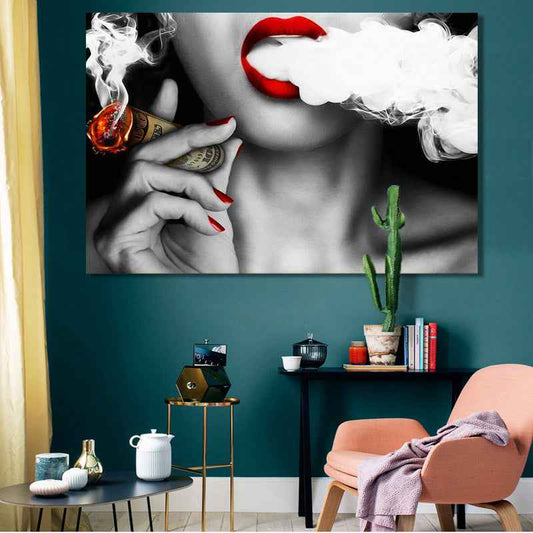 Abstract Portrait Wall Art - Modern Canvas Painting of Women with Smoke and Money for Creative Decor