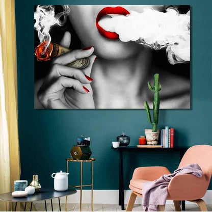 Abstract Portrait Wall Art - Modern Canvas Painting of Women with Smoke and Money for Creative Decor - Shello's Creative Boutique