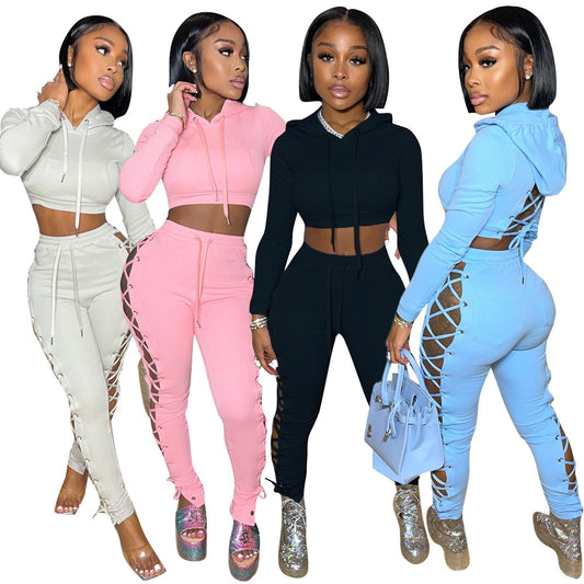 Autumn Women Tracksuit Two Piece Set Backless Hollow Out Bandage Solid Color Party Night Clubwear Sportsuit Clothes For Women Shello Creative Boutique