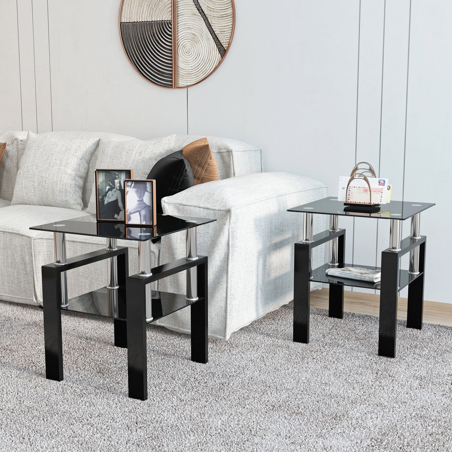 Set of 2, Modern Tempered Glass Tea Table Coffee Table End Table, Square Table for Living Room, Black eprolo