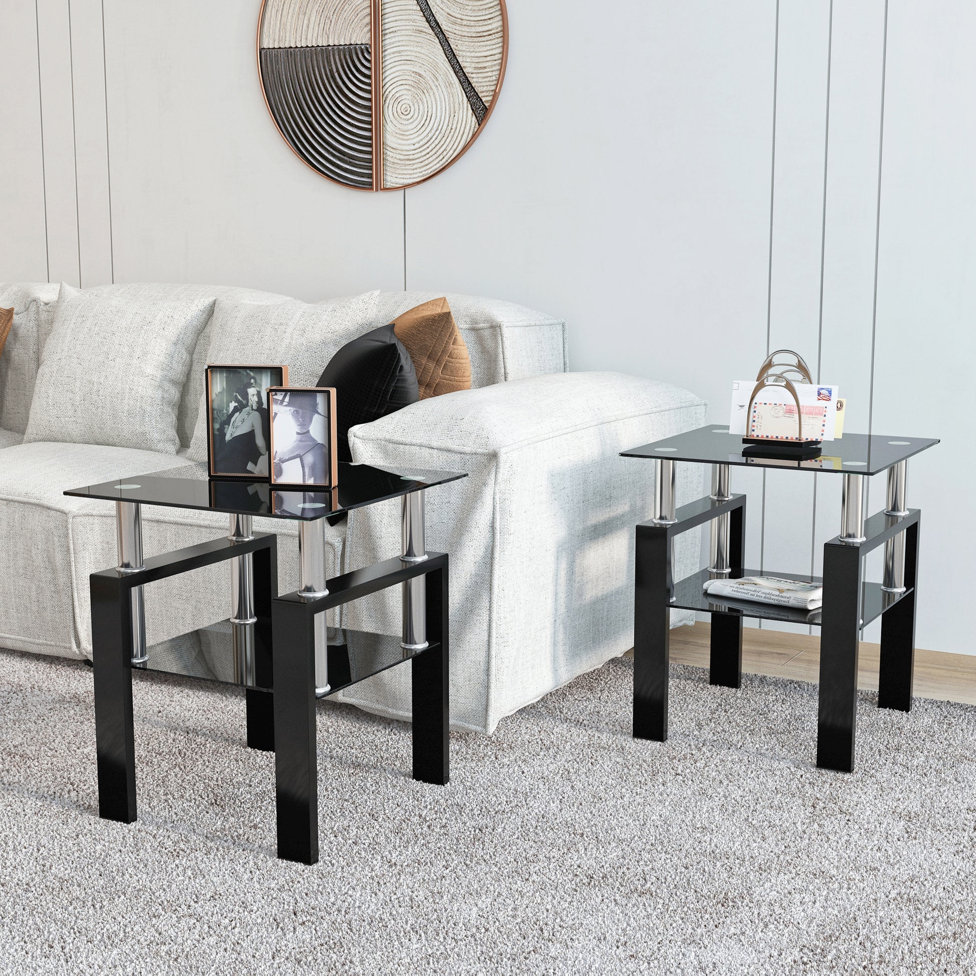Set of 2, Modern Tempered Glass Tea Table Coffee Table End Table, Square Table for Living Room, Black eprolo