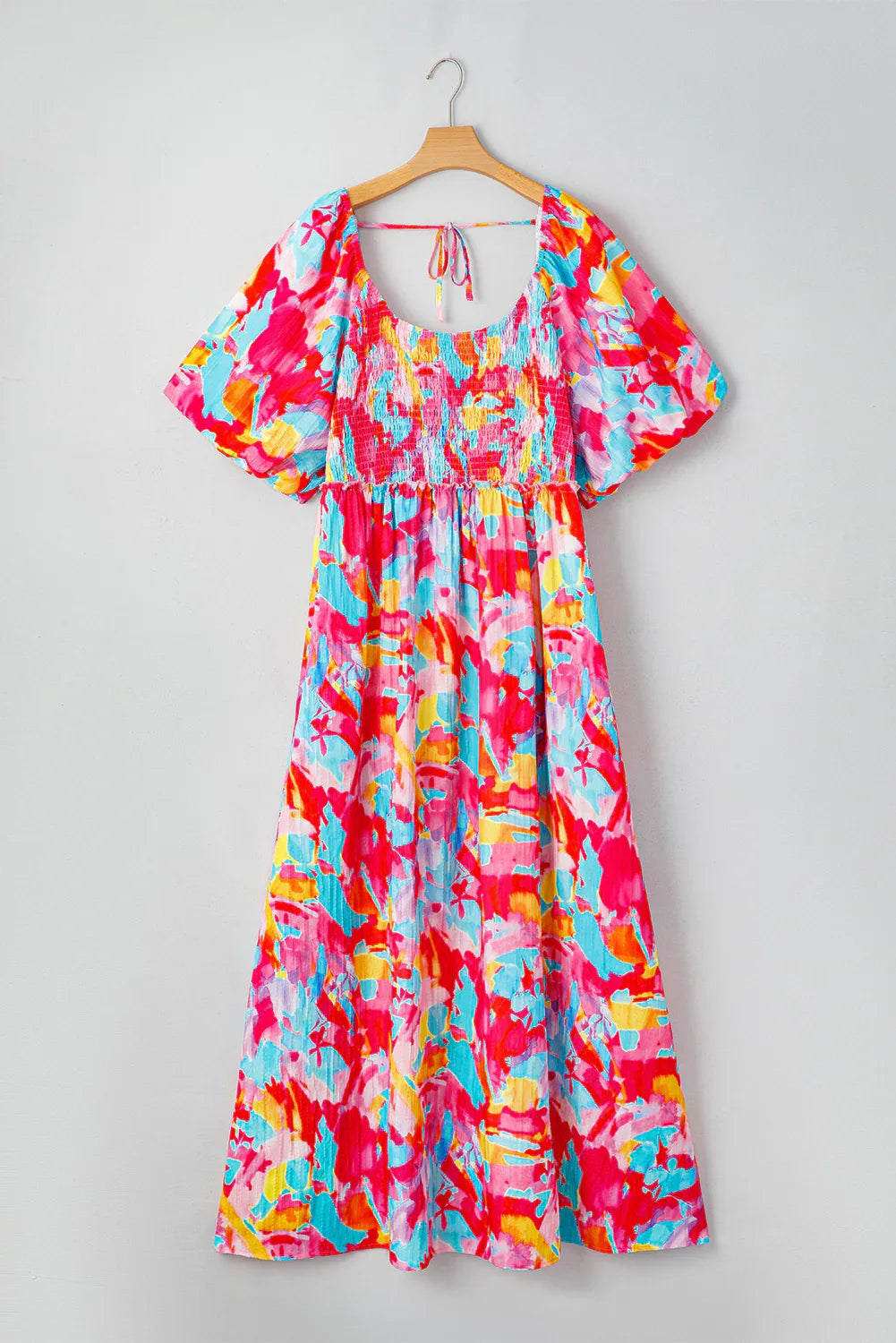 Rose Abstract Print Puff Sleeve Backless Smocked Plus Size Dress - Shello's Creative Boutique