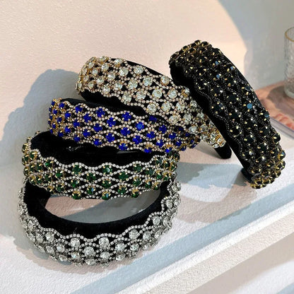 Fashionable full set rhinestone wide edge solid color sponge head hoop - Shello's Creative Boutique