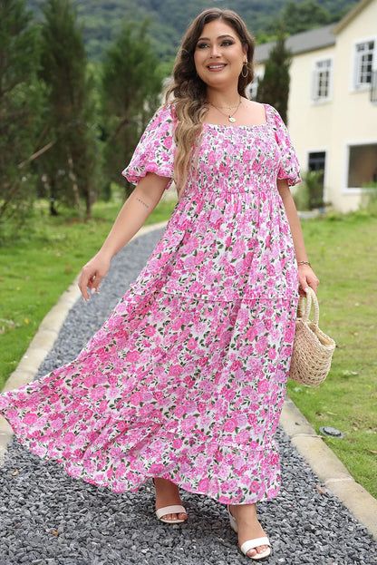 Plus Size Pink Floral Maxi Dress - Flattering Smocked Waist & Puff Sleeves - Shello's Creative Boutique