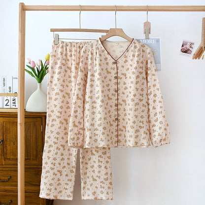 New crepe pajamas spring and summer pure cotton gauze home wear retro small flower long sleeved pants set cardigan style eprolo
