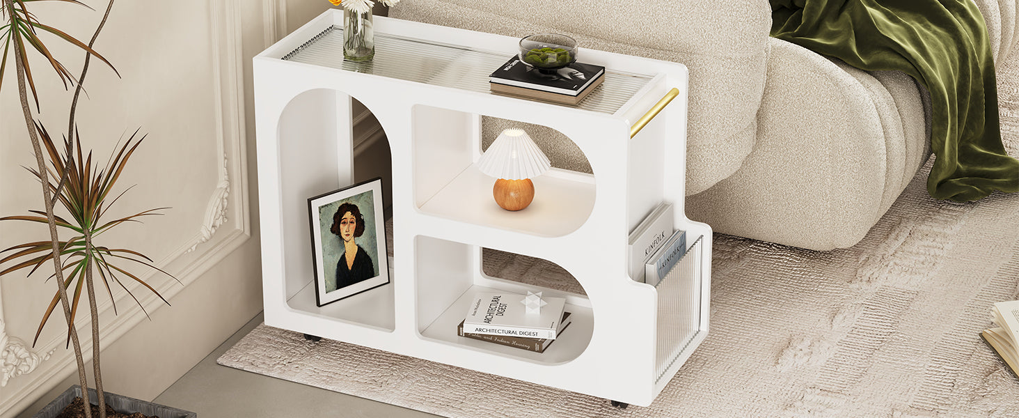 Stylish mobile desk with lockable wheels, white bedside table with 5mm thick grooved tempered glass and gold round bars eprolo