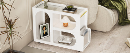 Stylish mobile desk with lockable wheels, white bedside table with 5mm thick grooved tempered glass and gold round bars eprolo