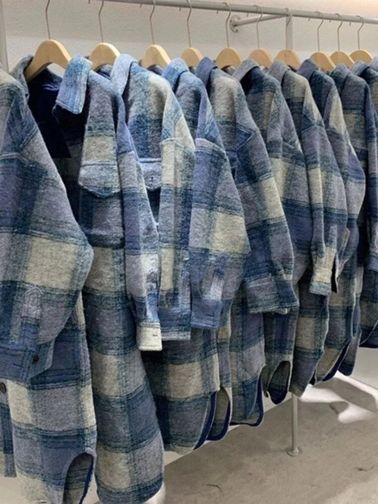 [EWQ]Plaid Single Tops Korean Outerwear Female Overcoat Fashion Spring Winter Women Loose Long Woolen Coats Kaschmir Mantel - Shello's Creative Boutique