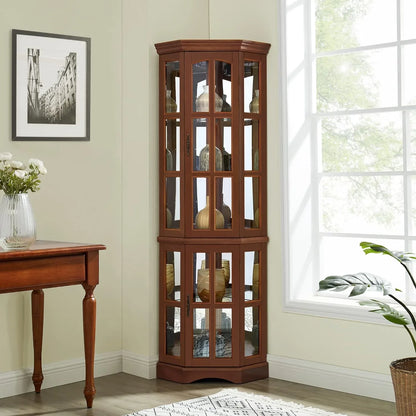 Luxury Corner Curio Cabinet with LED Lighting - 5-Shelf Display Cabinet in Walnut - Shello's Creative Boutique