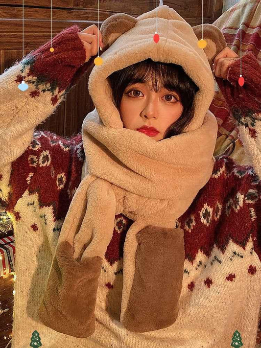 Winter Bear 3-in-1 Hat, Gloves & Scarf Set - Warm Plush Women's Winter Accessory - Shello's Creative Boutique