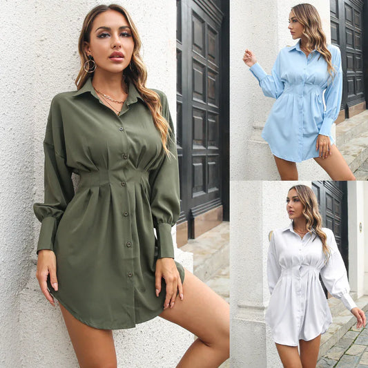 Casual Lantern Long Sleeve Nipped Waist Shirt Dress For Women - Shello's Creative Boutique