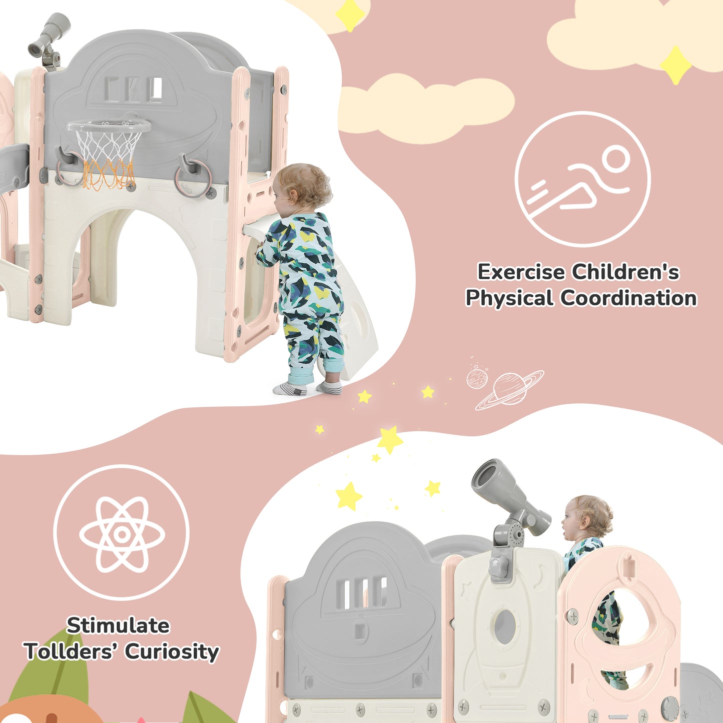 Kids Slide Playset Structure 7 in 1, Freestanding Spaceship Set with Slide, Arch Tunnel Pink+Grey + HDPE eprolo