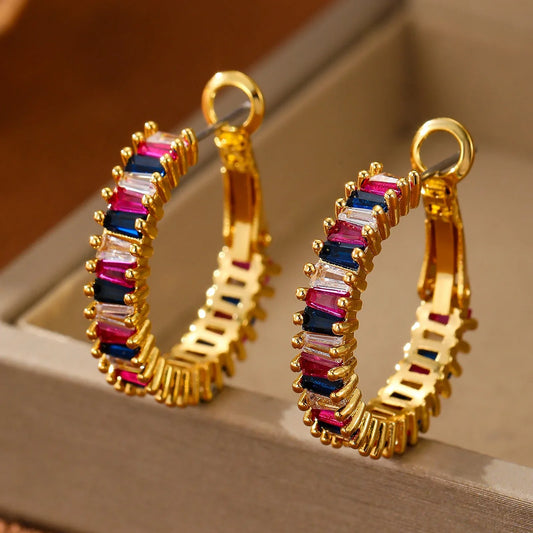 18K gold O-shaped gemstone-inlaid earrings with a light luxury style - Shello's Creative Boutique