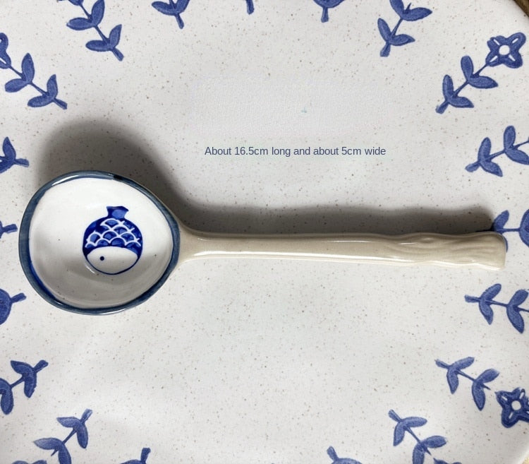 Ins Style Japanese Style Stoneware Small Soup Spoon Ceramic Spoon, Long Handle Spoon Household Cute Creative Rice Spoon eprolo