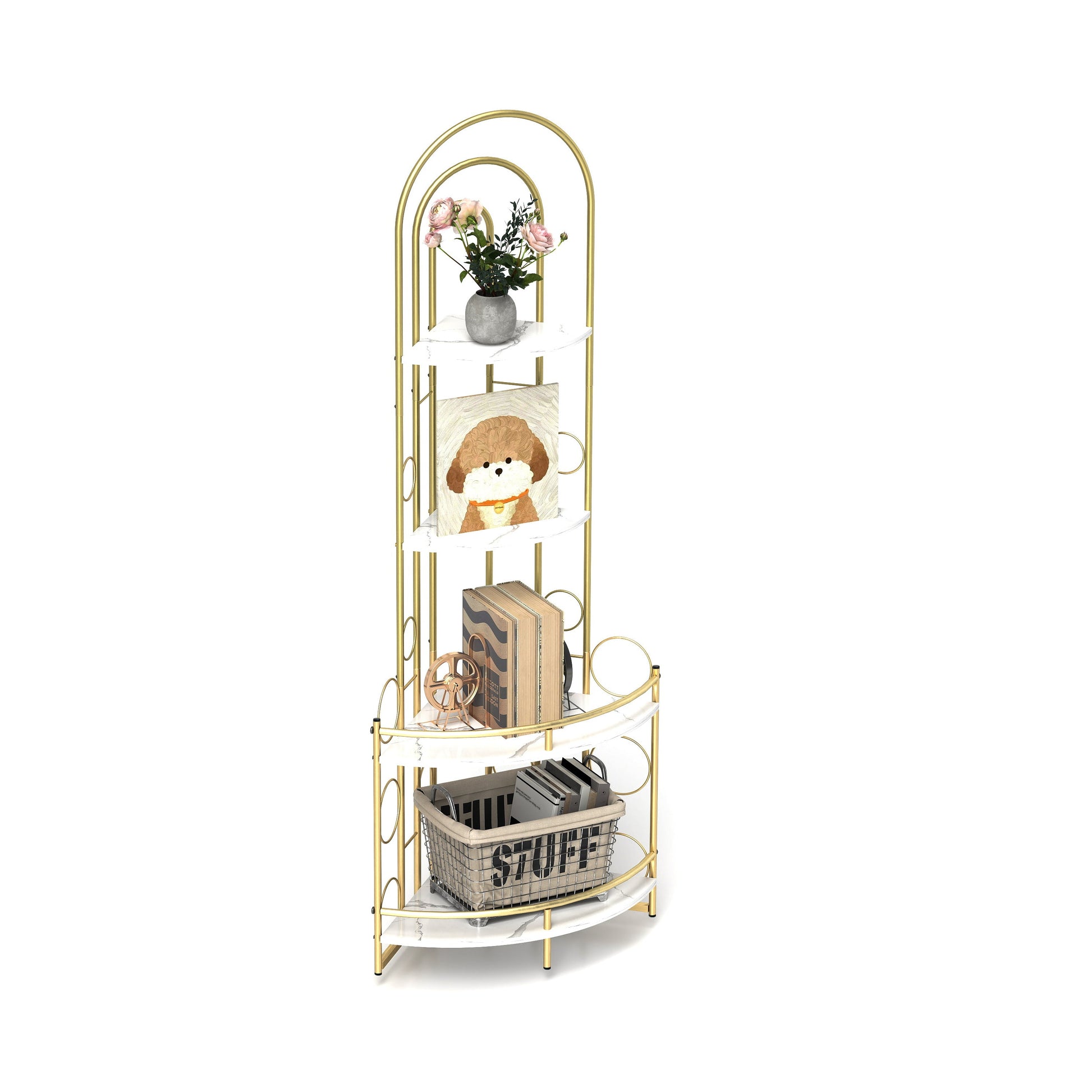 Gold 4-Tier Corner Bookshelf, Modern Style, Plant Stand with Metal Frame eprolo