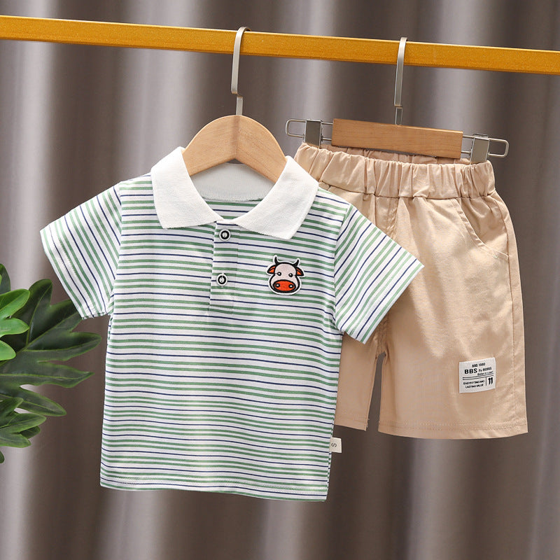 Boys Summer Short Sleeve Set 1-5 year old baby striped short sleeved 2 piece jean shorts set for primary and middle school children eprolo
